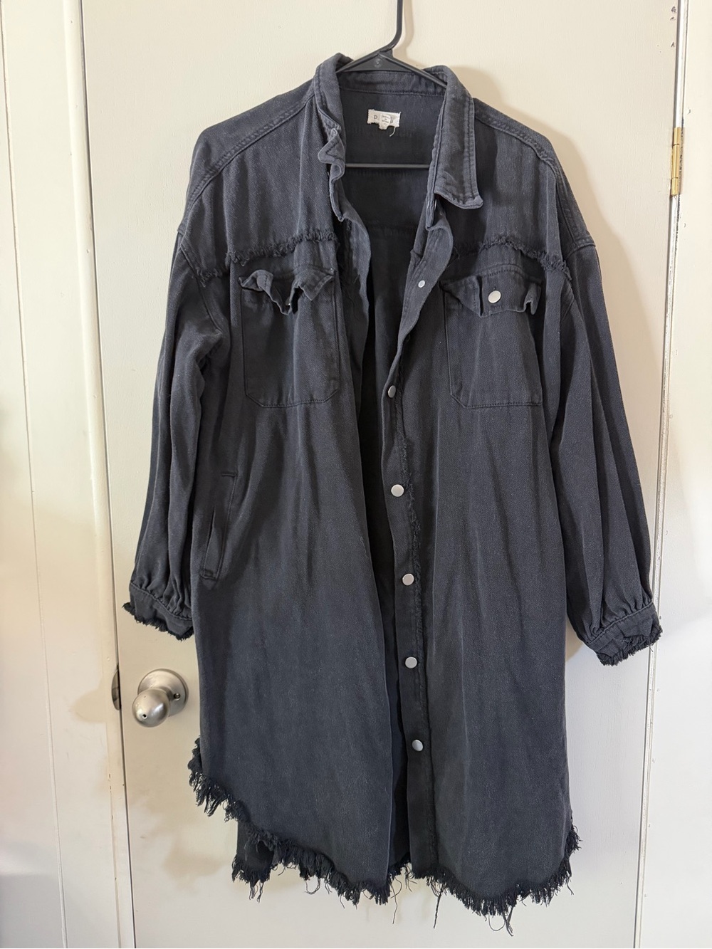 POL Oversized Washed Black Distressed Button-Front Jean Jacket